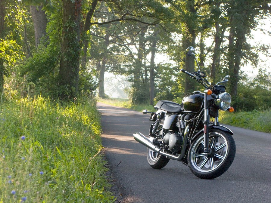 Triumph Bonneville motorcycle on rural road.