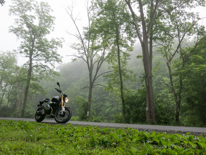 BMW R nineT motorcycle on rural road