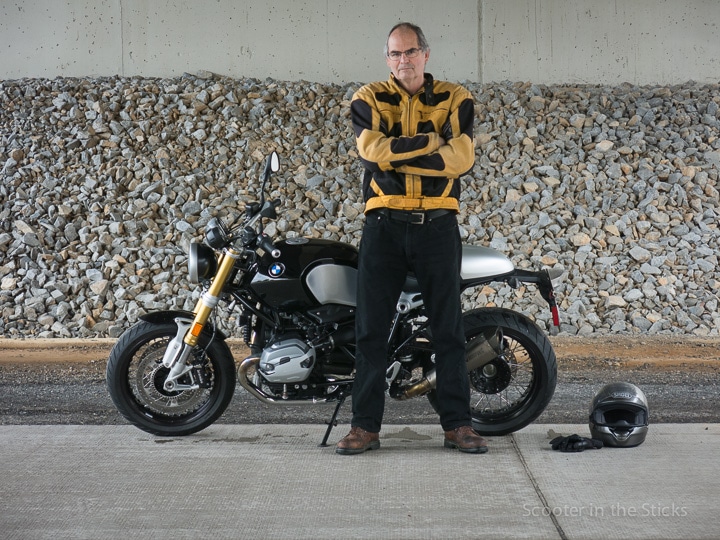 Steve Williams with BMW R nineT motorcycle