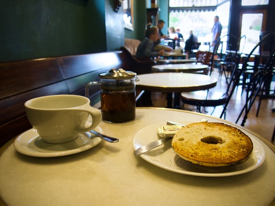 Tea and bagel at Saint's Cafe in State College, Pennsylvania