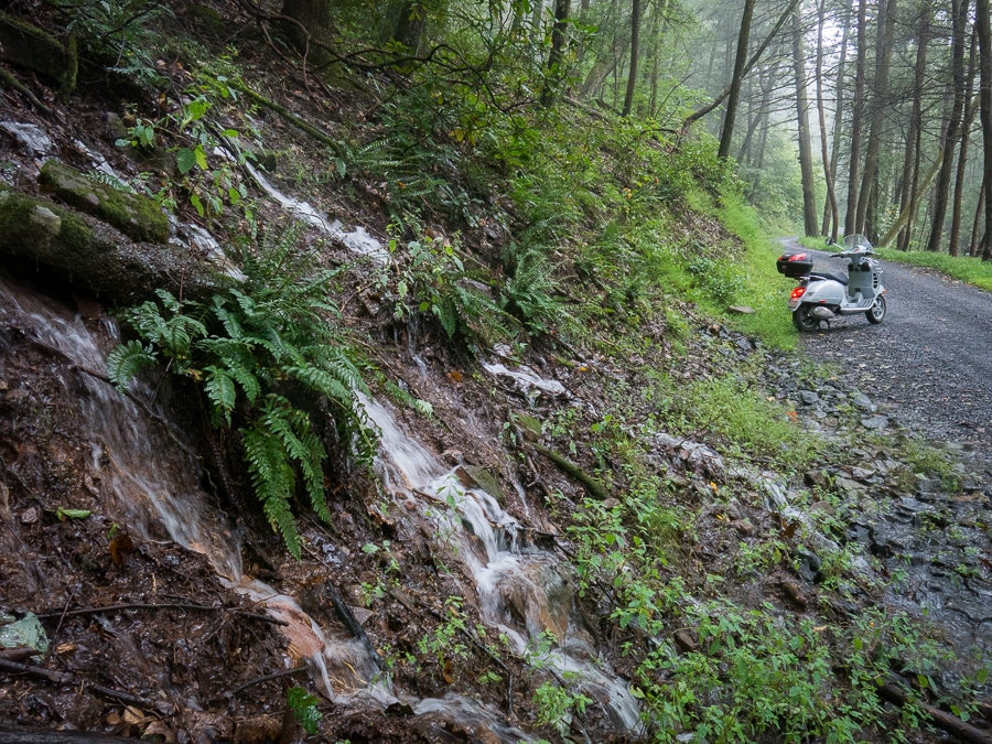 Vespa GTS scooter along forest road with waterfalls