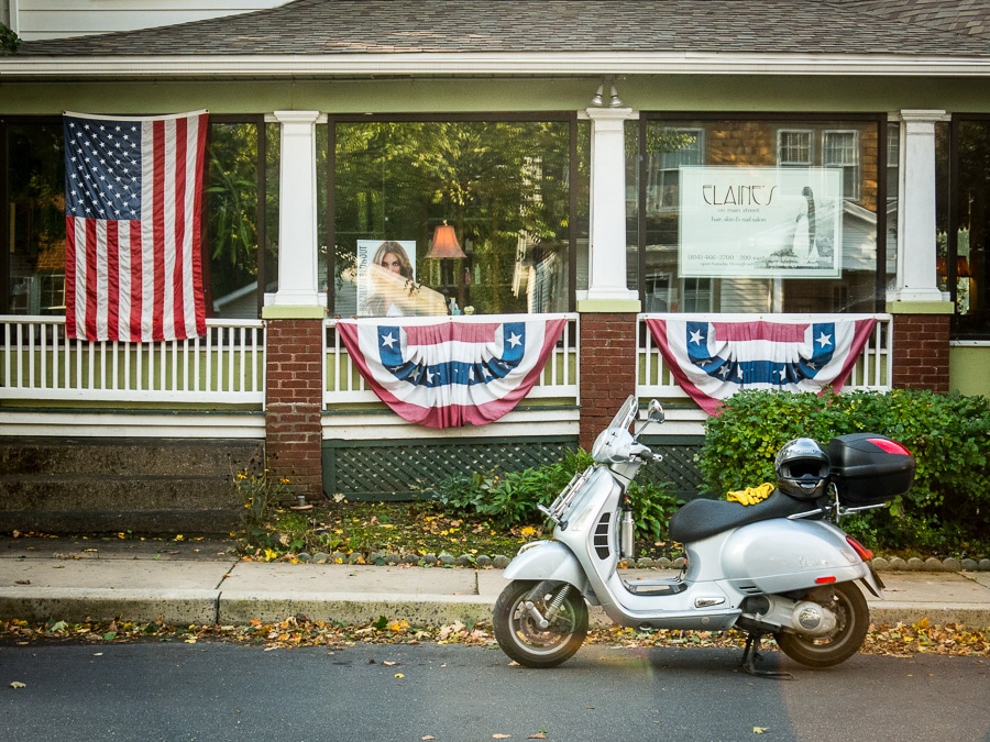 Vespa GTS scooter in front of Elaine's in Boalsburg, Pennsylvania