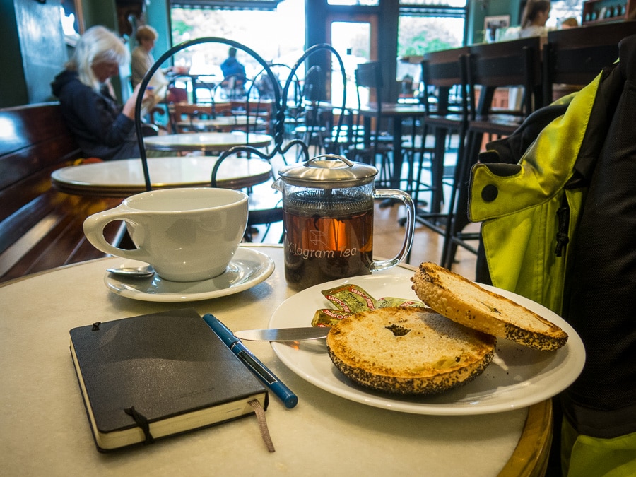 Bagel, tea and journal at Saint's Cafe in State College, Pennsylvania