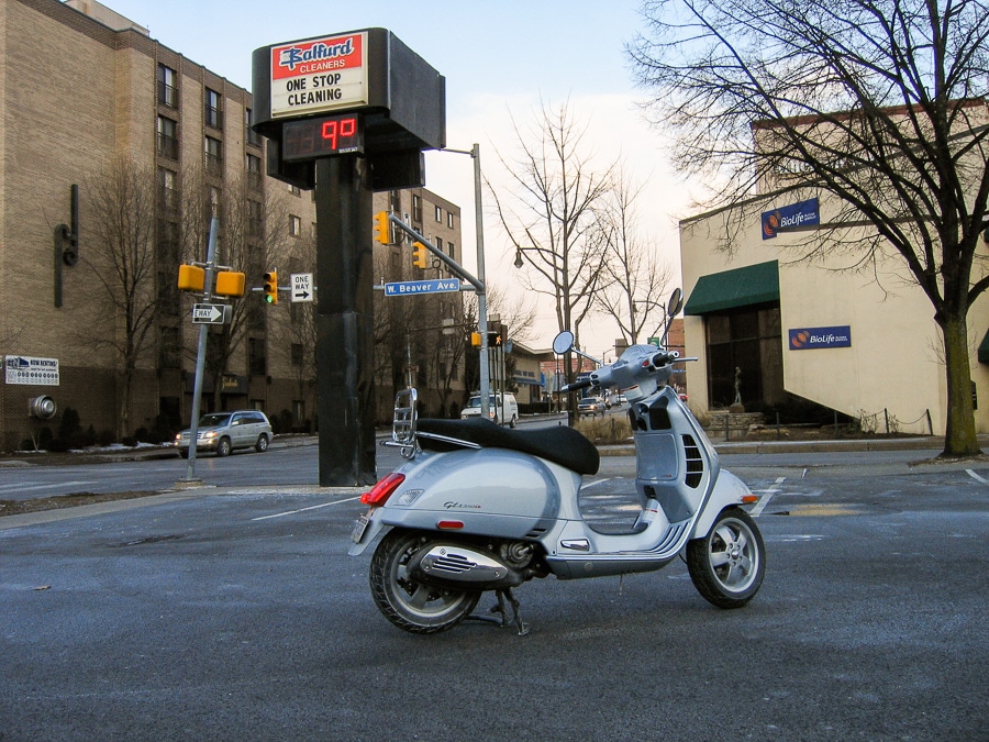 Vespa GTS scooter on a cold morning