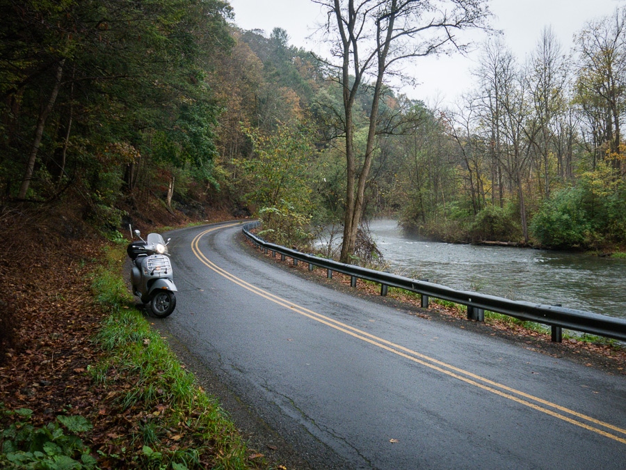 Vespa GTS scooter along Spring Creek