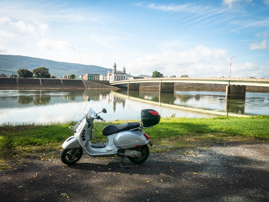 Vespa GTS scooter across the Susquehanna River from Lock Haven, Pennsylvania