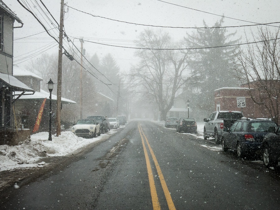 Boalsburg street during a snow flurry