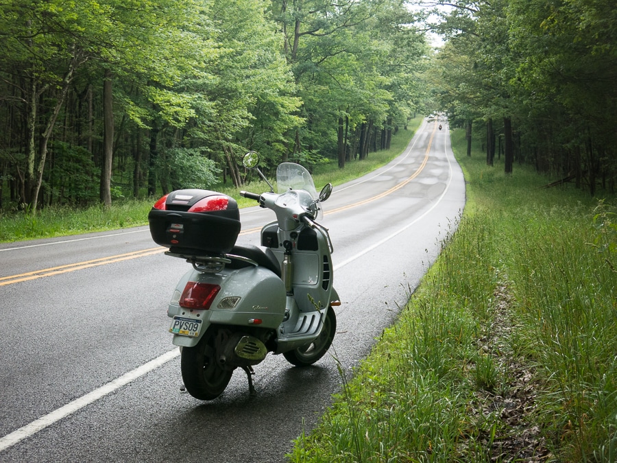 Vespa GTS scooter on road through a forest.