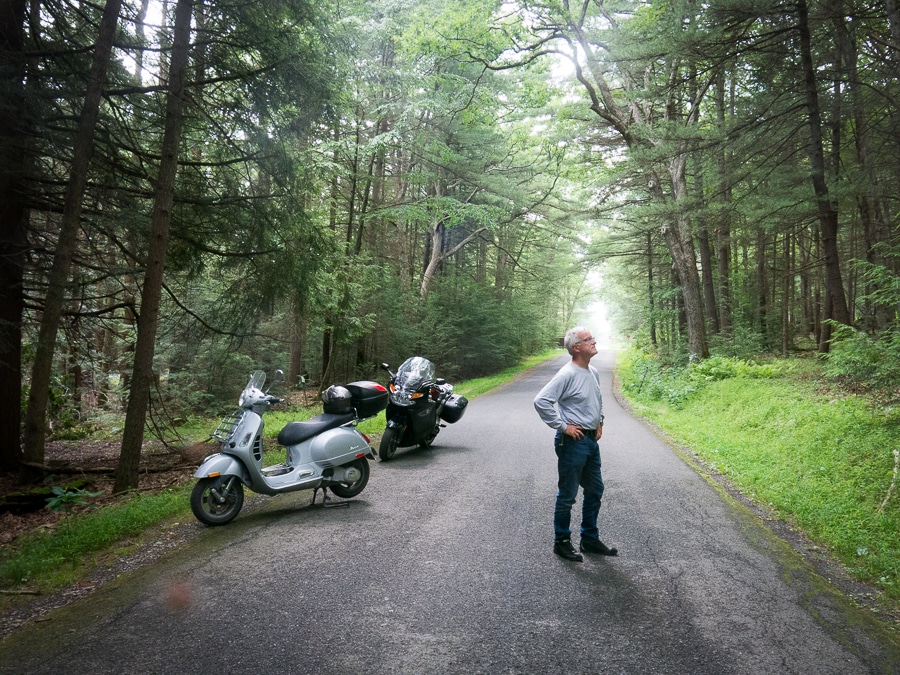 Scooter and motorcycle parked along a forest road with a man standing in the road.