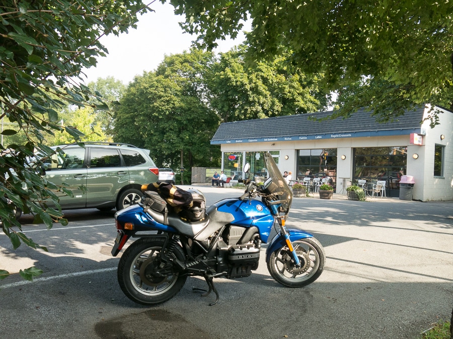 BMW K75 motorcycle parked at the Pump Station Cafe.