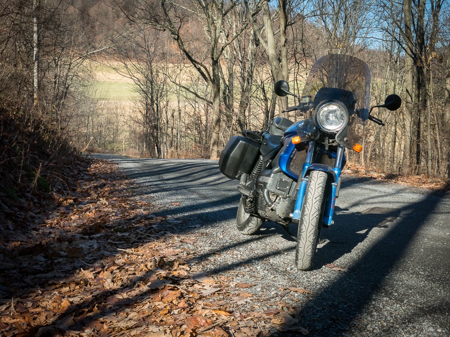 BMW K75 motorcycle on a gravel road