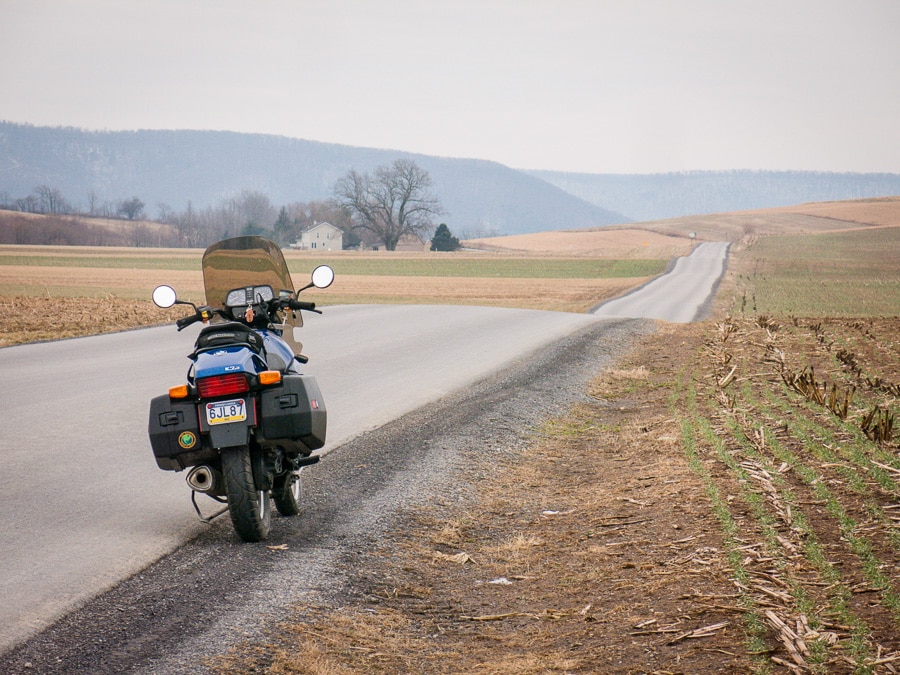 BMW K75 motorcycle along a rural road in Pennsylvania