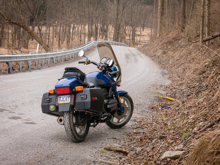 BMW K75 motorcycle along a rural road in Pennsylvania