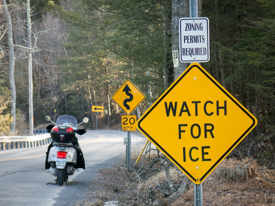 Vespa and Watch for Ice sign