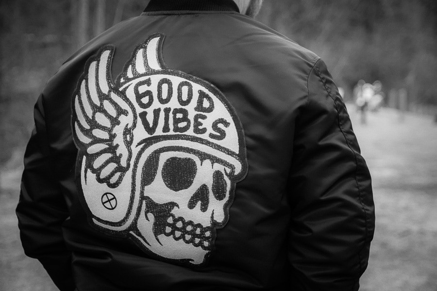 Good vibes skull decal on the back of a riding jacket