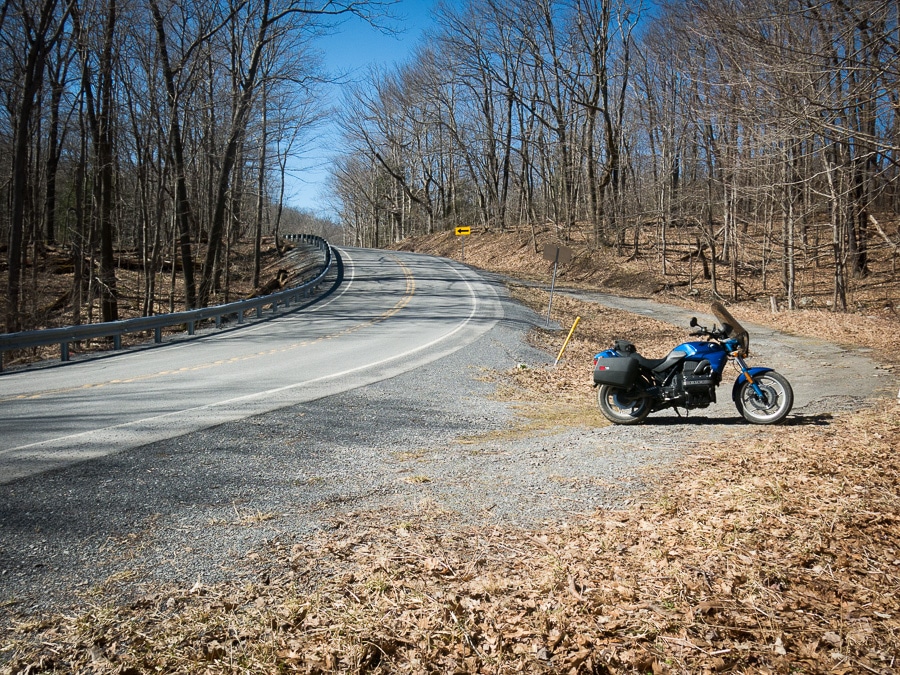 BMW K75 motorcycle in the Allegheny Mountains