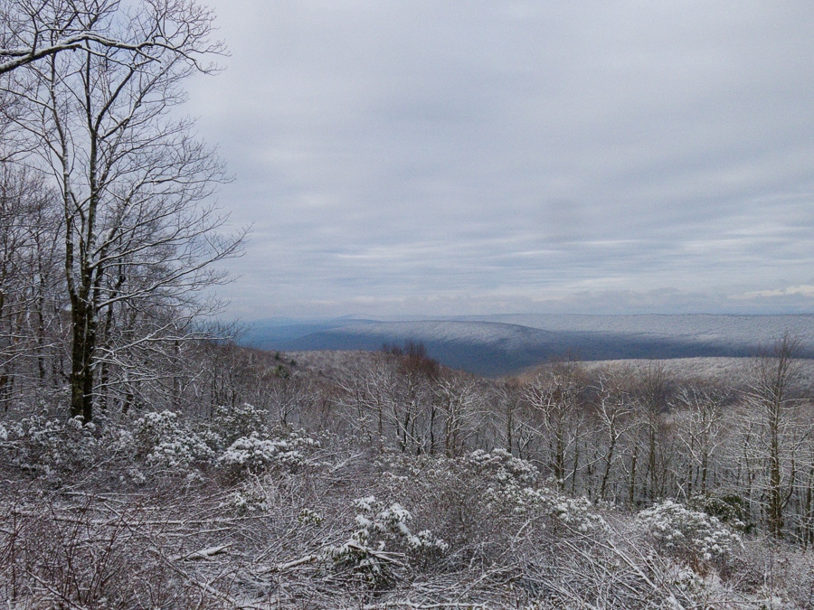 Scenic vista of snow covered mountains in Rothrock State Forest