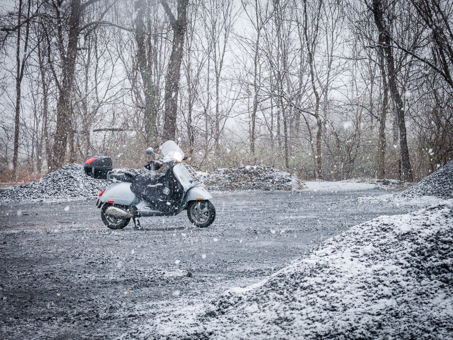 Vespa GTS scooter in the snow