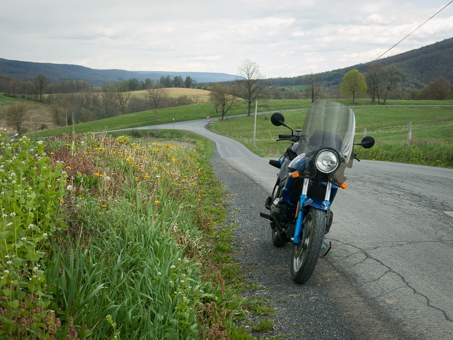BMW K75 motorcycle on a rural road