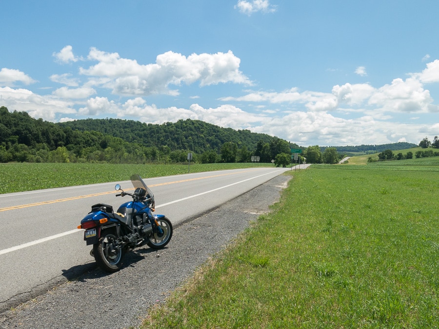 1992 BMW K75 motorcycle parked along PA Route 26 near McAlevys Fort, Pennsylvania.
