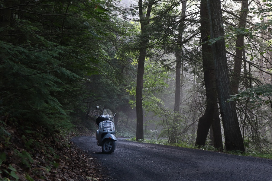 Vespa GTS on a foggy forest road.