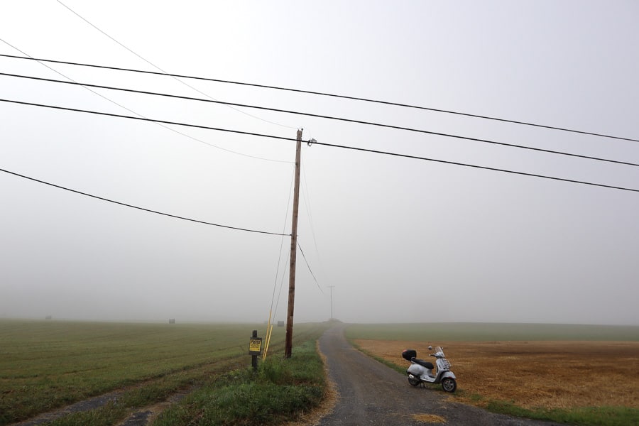 Vespa in a foggy farm field