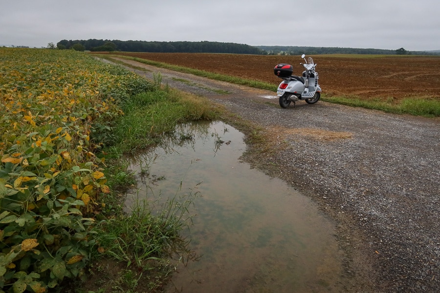 Vespa GTS scooter on a farm lane on a wet morning.
