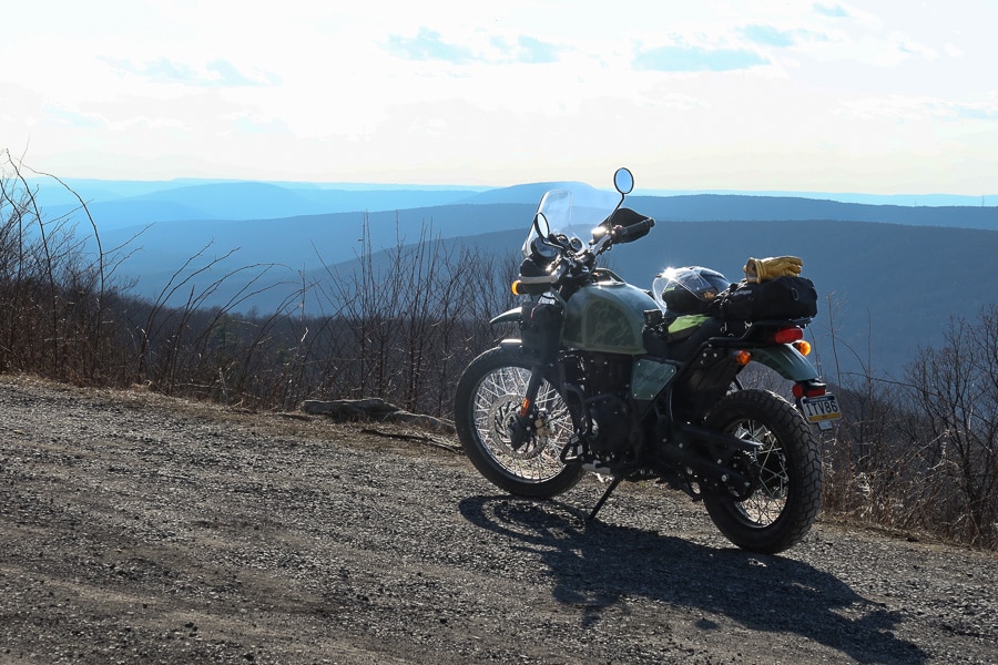 2022 Royal Enfield Himalayan parked on a scenic overlook in the Appalachian Mountains.