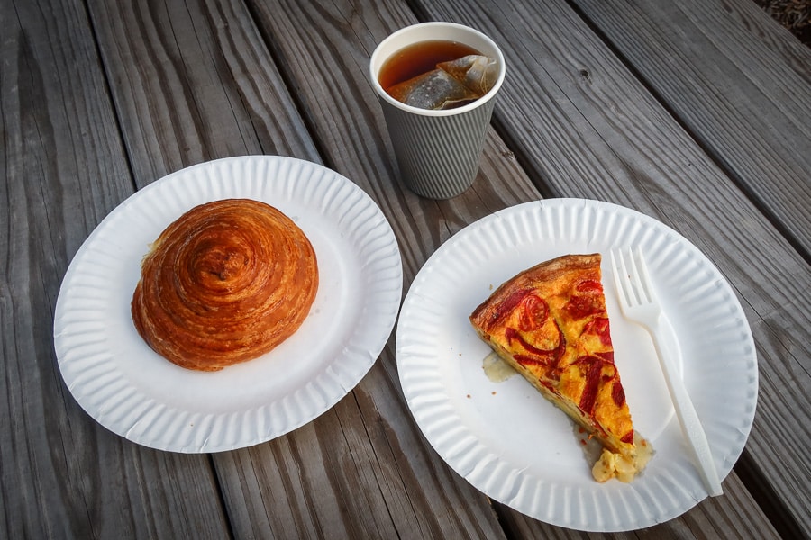 Breakfast on a picnic table.