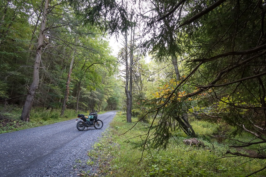 2022 Royal Enfield Himalayan motorcycle on a mountain road in the forest.