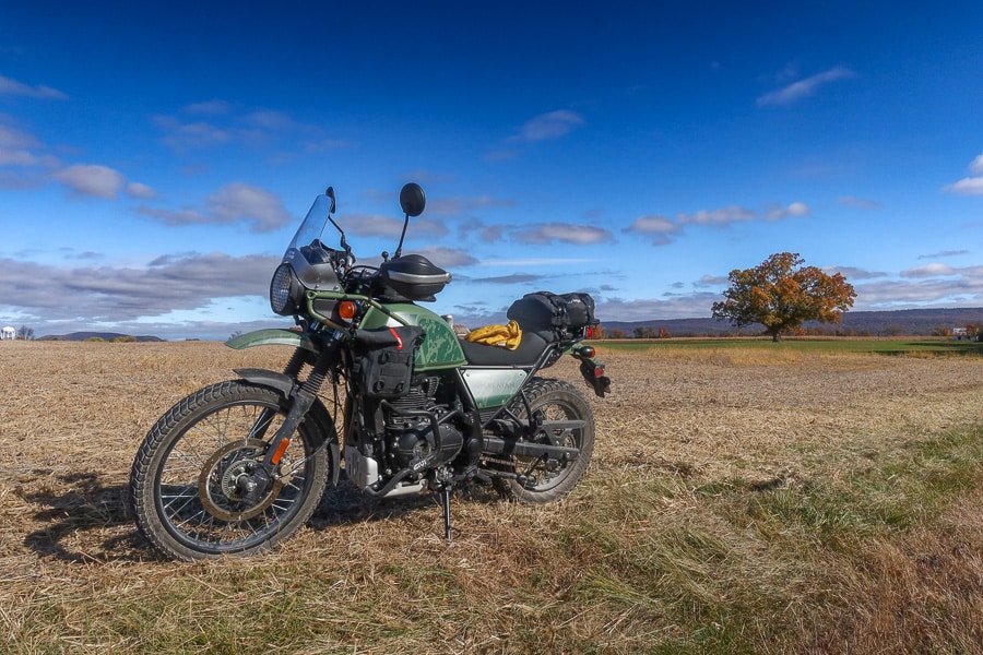 2022 Royal Enfield Himalayan in a rural autumn landscape