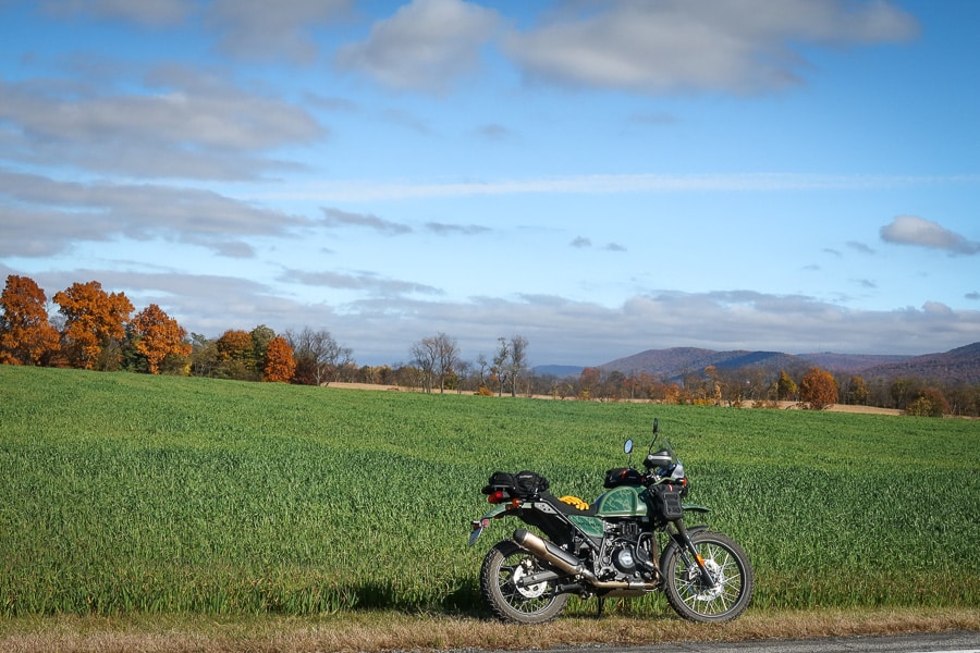 2022 Royal Enfield Himalayan and autumn foilage.