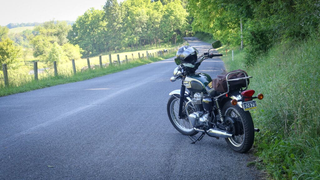 2001 Kawasaki W650 along a rural road.