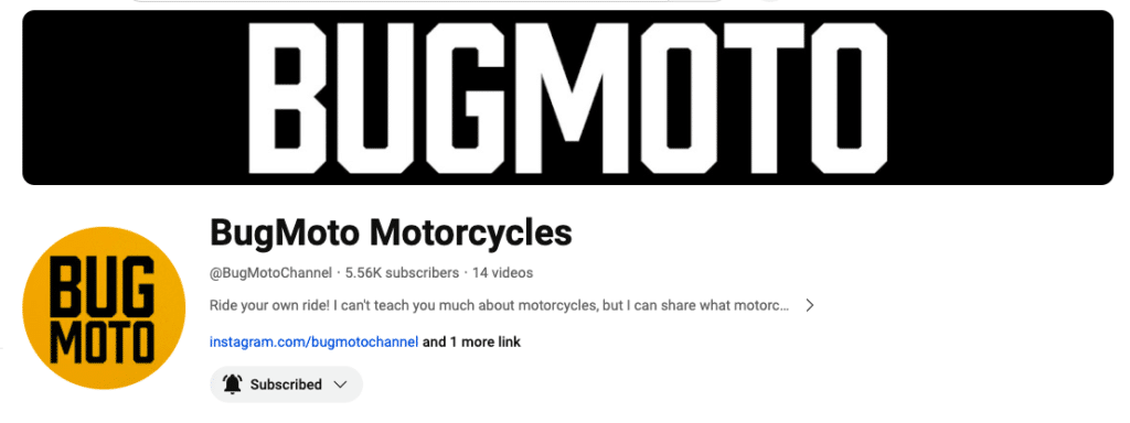 YouTube banner for BugMoto