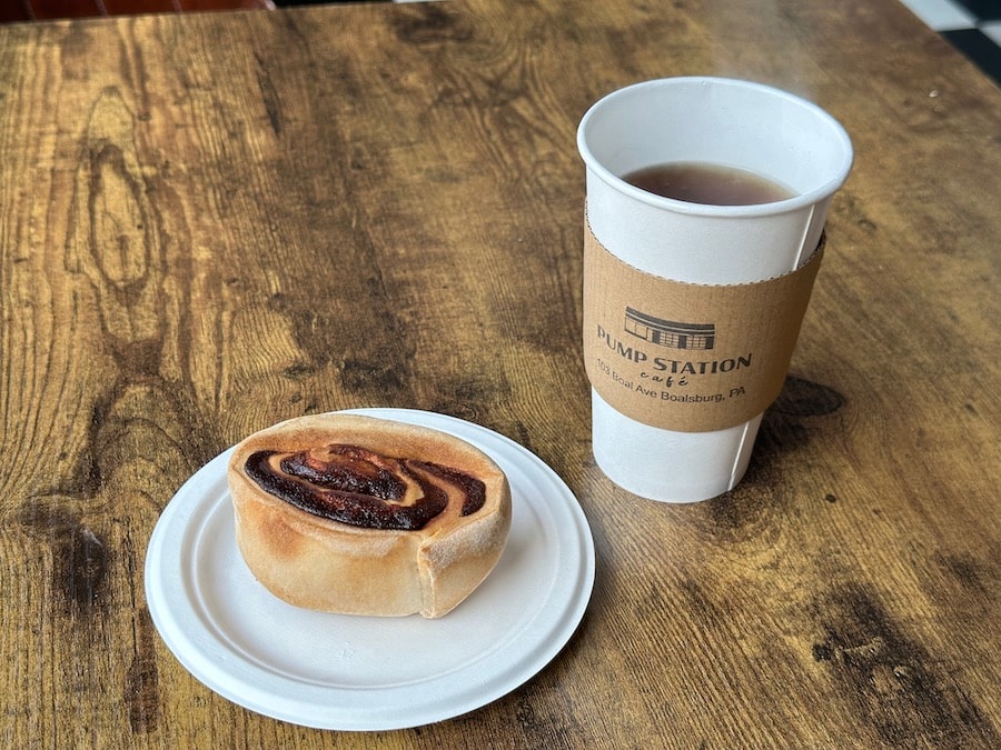 Tea and a cinnamon bun at the Pump Station Cafe.