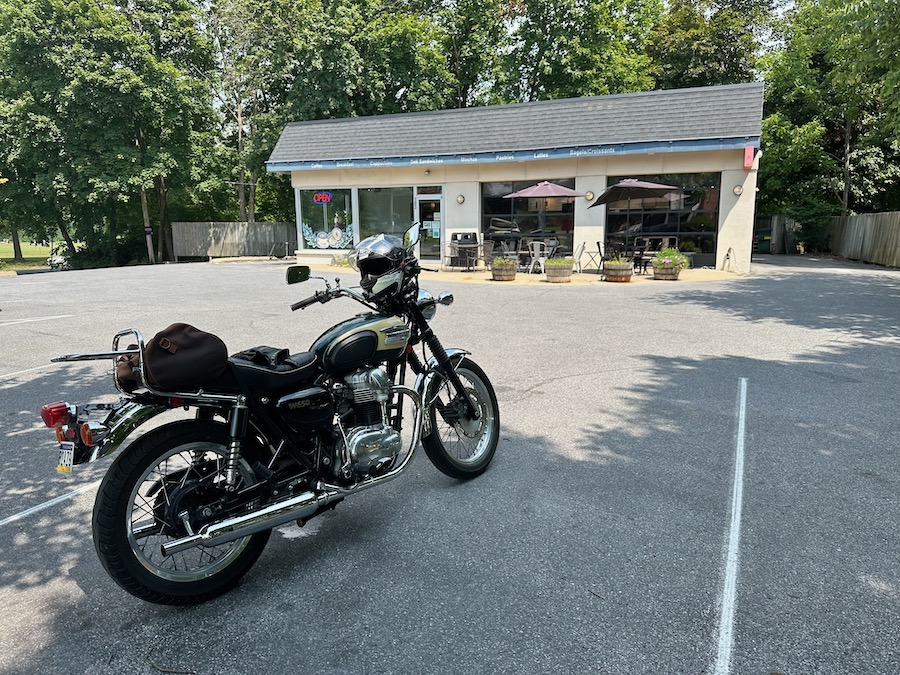 Kawasaki W650 motorcycle parked at the Pump Station Cafe.