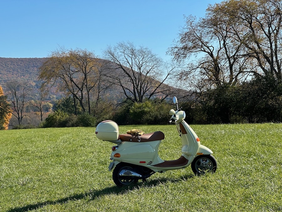 Vespa ET4 scooter in a field on an autumn day.