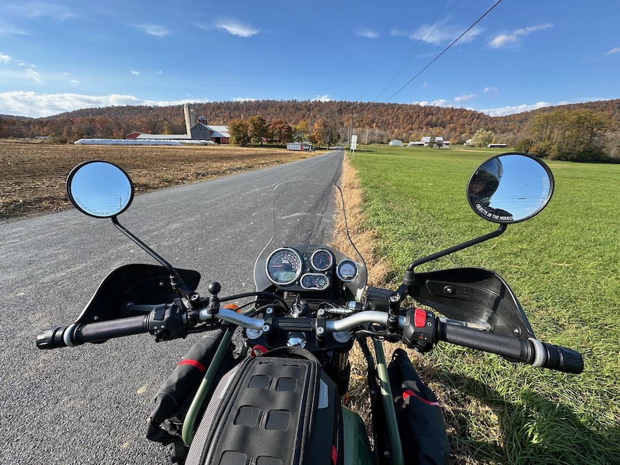 Looking over the dash of a Royal Enfield Himalayan motorcycle.