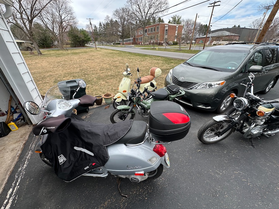Vespa GTS scooter outfitted with winter gear.