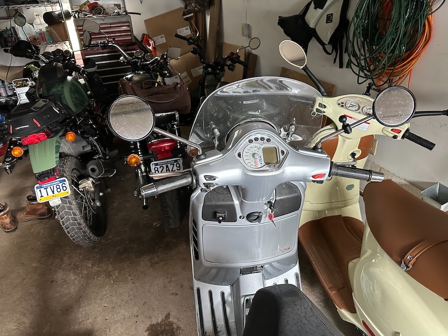 Vespa GTS in the garage.