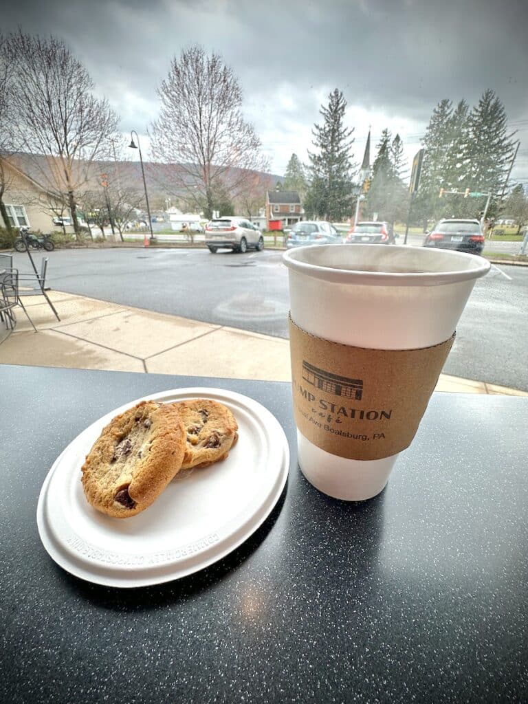 Tea and chocolate chip cookies at the Pump Station Cafe.
