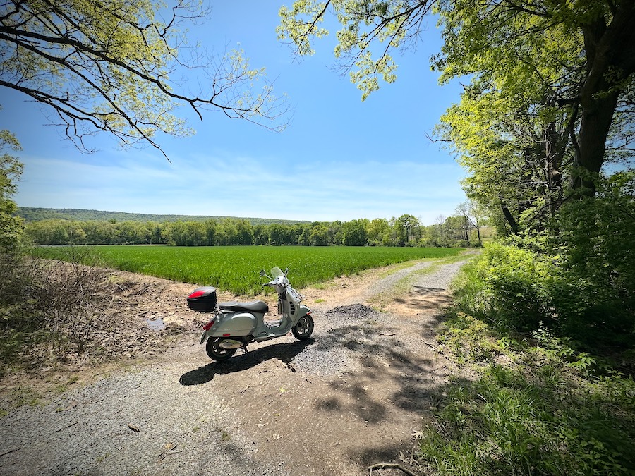 Vespa GTS 250 scooter parked on a gravel road next to a farm field on a sunny day.