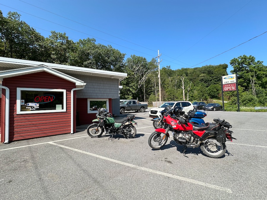 Motorcycles parked at the Diner 22 in Alexandria, Pennsylvania.