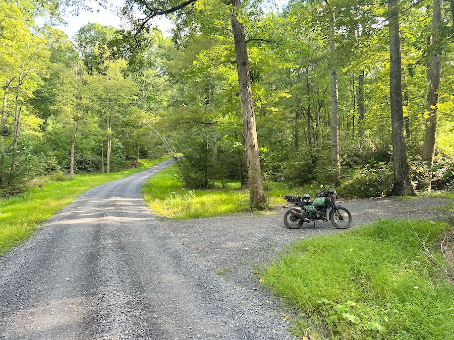 2022 Royal Enfield Himalayan motorcycle parked along a road in Rothrock State Forest.