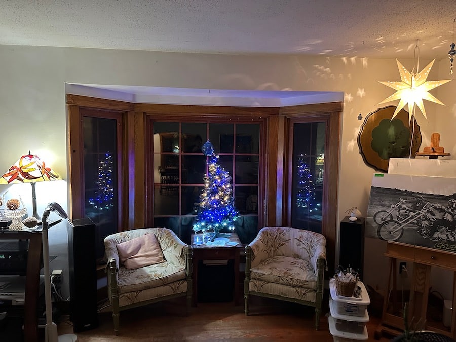 Living room with a small illuminated Christmas tree.