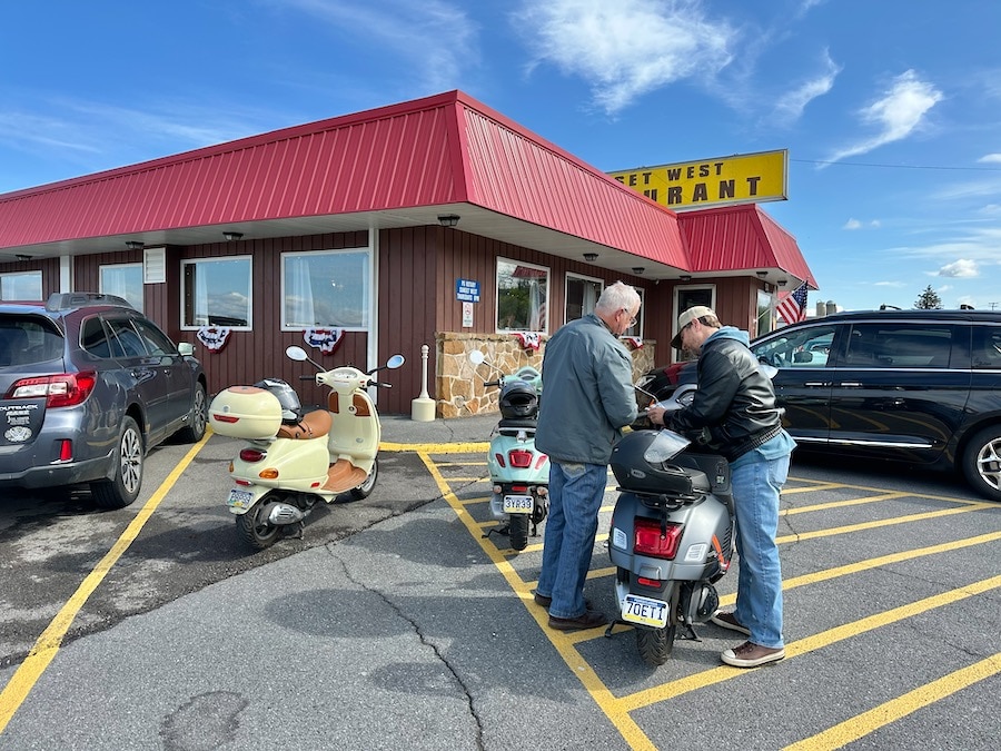 Vespa scooters at the Sunset West Diner in Pleasant Gap, Pennsylvania.