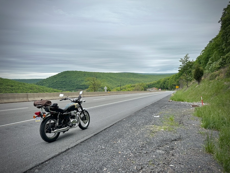 A 2001 Kawasaki W650 parked along US Route 322.