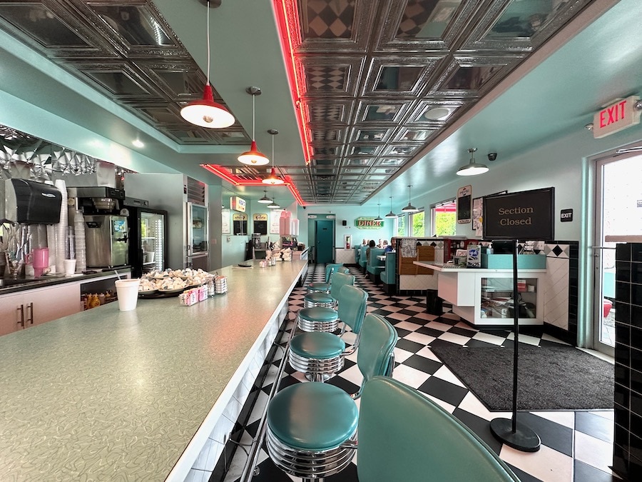Interior view of the Bing Diner, a classic '50s diner style.