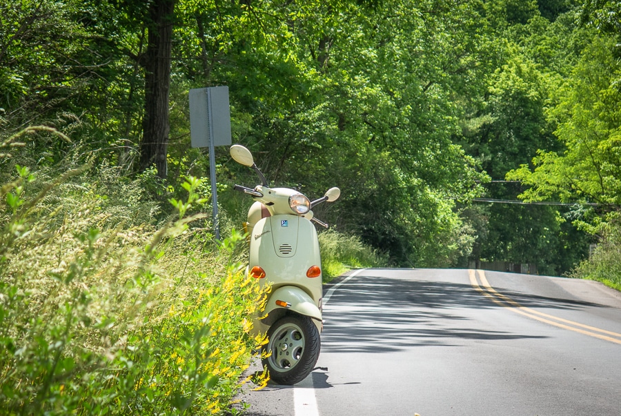 2004 Vespa ET4 scooter on a rural road.
