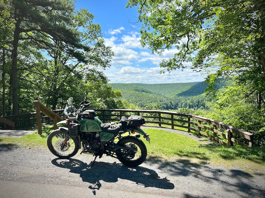 2022 Royal Enfield Himalayan parked at a Pennsylvania forest vista.